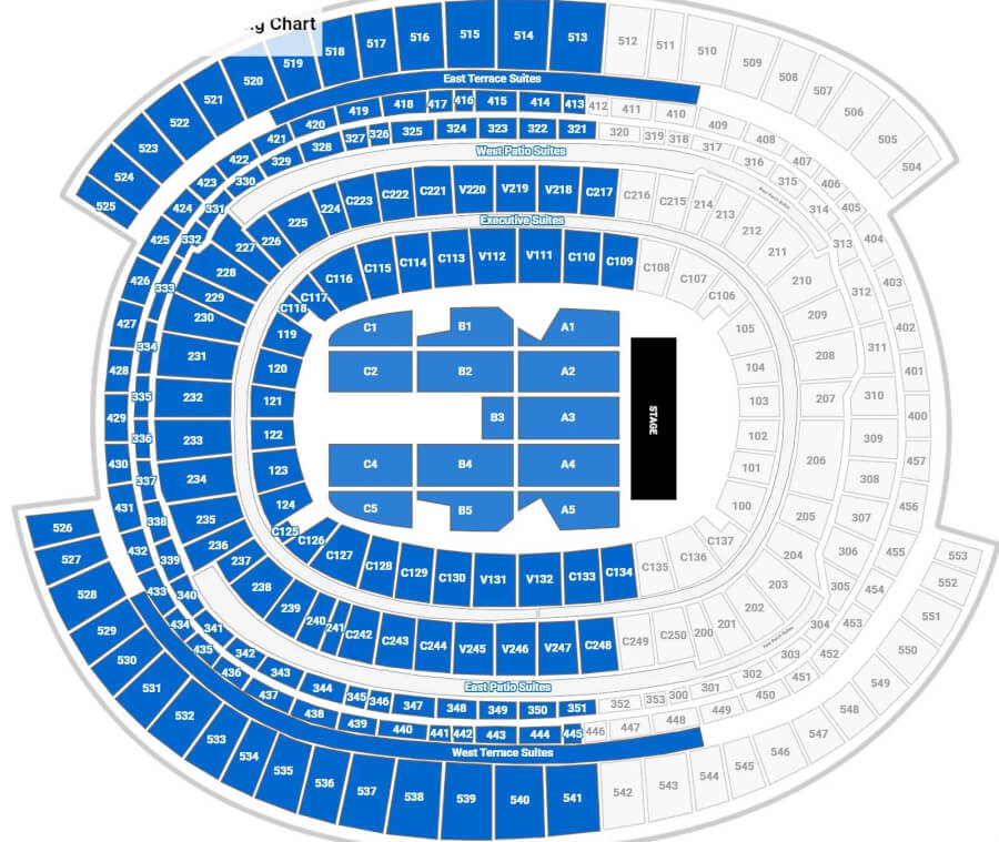 Circular stadium seating chart showing concentric rings of blue seating blocks labeled with section letters and numbers around a central arena; a black VIPs/box area sits to the right side of the center.
