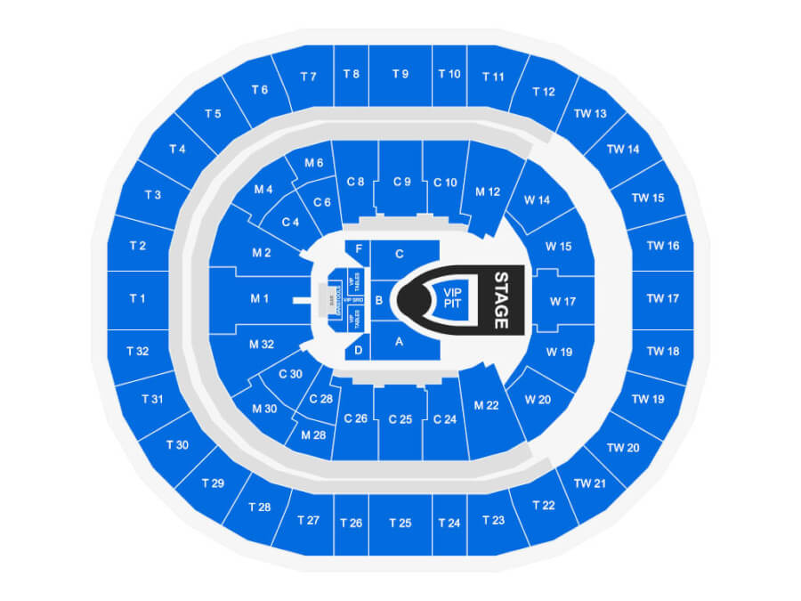 Intuit Dome seating chart | Santa Monica Sun A circular stadium seating map with blue sections labeled M, C, T, T W, and W around a central stage and VIP pit at the middle front. The inner ring has concession-like blocks and the stage faces outward.