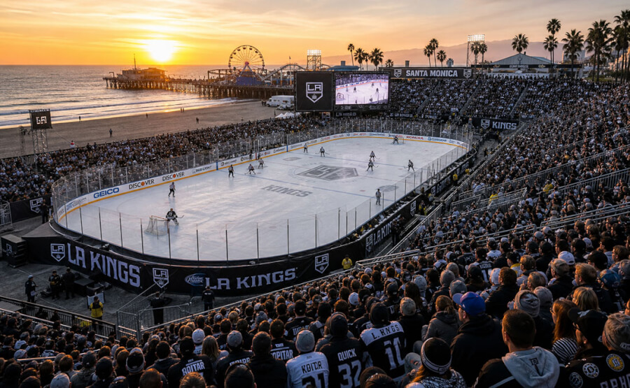 Outdoor LA Kings hockey game at sunset in a beachside stadium, with a ferris wheel on the pier in the background and packed stands.
