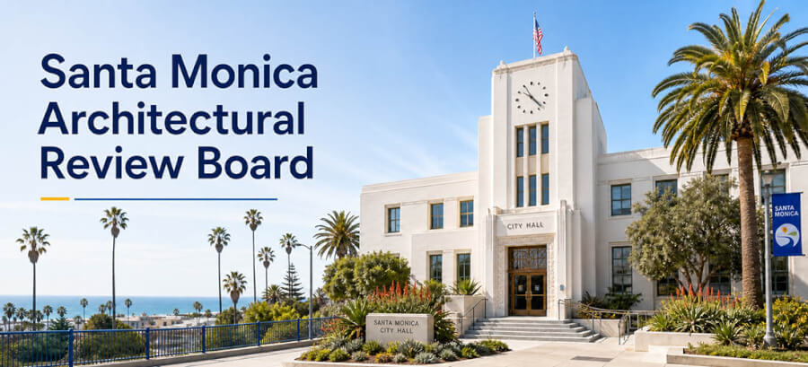 Exterior view of Santa Monica City Hall with palm trees, coastline in the distance, and the text 'Santa Monica Architectural Review Board' on the left.