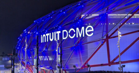 Intuit Dome exterior at night