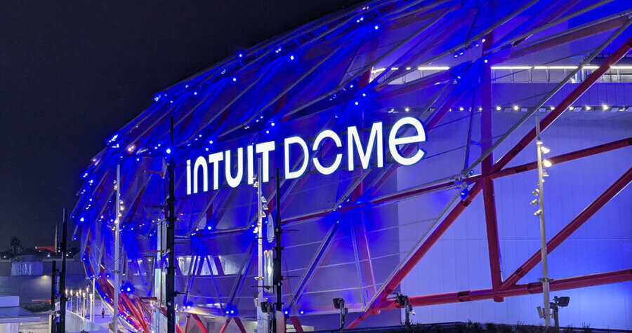 Intuit Dome exterior at night