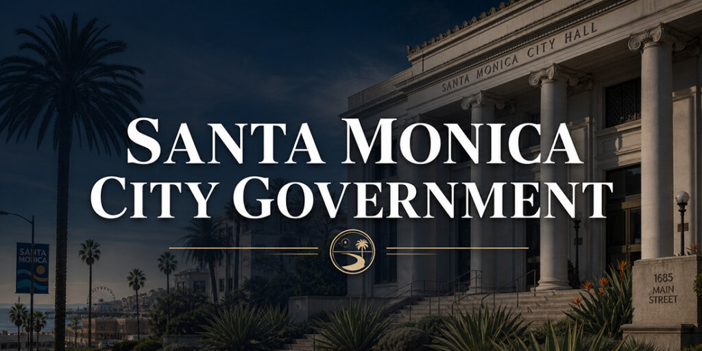 Banner announcing Santa Monica City Government in front of Santa Monica City Hall with palm trees and steps visible to the side.