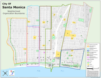 Map of Santa Monica's 7 official neighborhood zones, including Wilmont, Sunset Park, Ocean Park, North of Montana, mid-city, northeast and Pico district