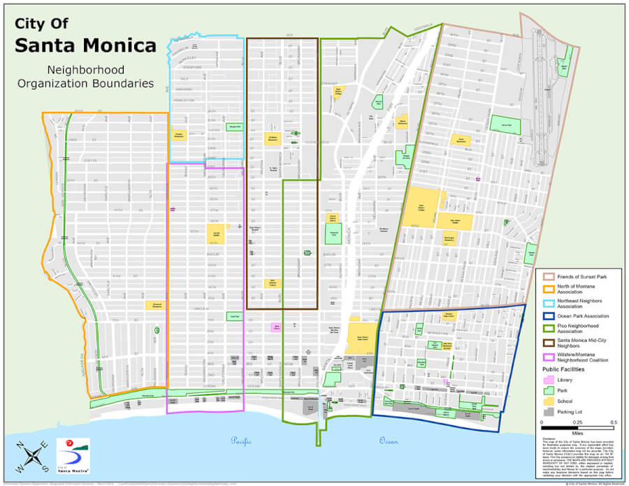 Map of Santa Monica's 7 official neighborhood zones, including Wilmont, Sunset Park, Ocean Park, North of Montana, mid-city, northeast and Pico district