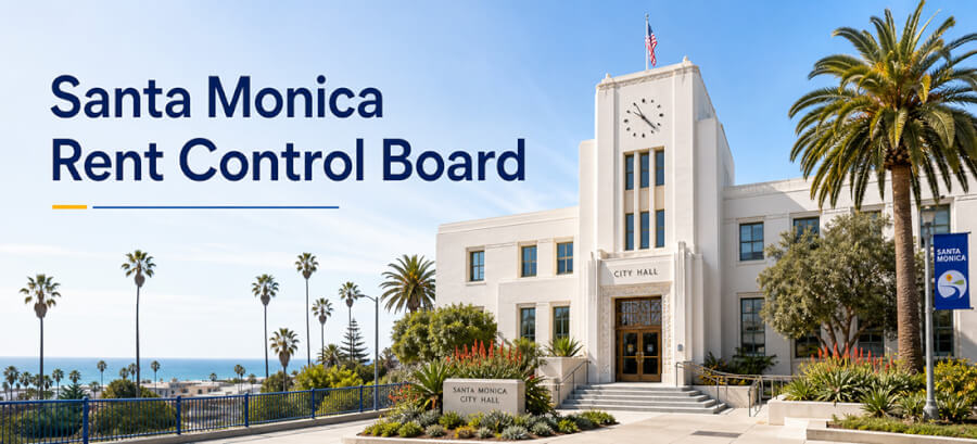 Santa Monica City Hall exterior with a banner reading 'Rent Control Board' and ocean view in the background, palm trees nearby.