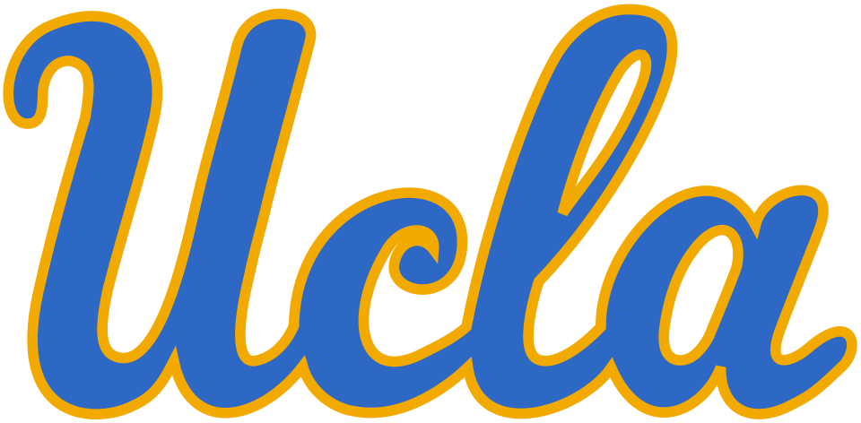 UCLA blue script wordmark outlined in yellow on a transparent background