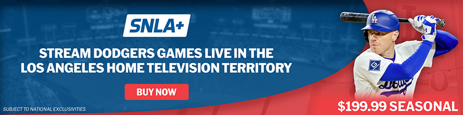 SNLA+ banner advertising Dodgers games in LA TV territory; features a baseball player and a $199.99 season offer with a Buy Now button.