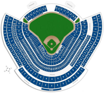 Top-down seating chart of a baseball stadium: blue numbered sections surround a green field, with a press box and compass rose nearby.