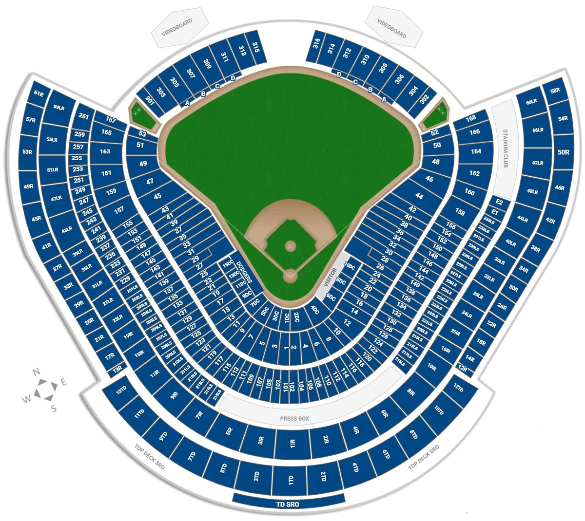 Dodger Stadium Seating Chart | Santa Monica Sun Top-down seating chart of a baseball stadium: blue numbered sections surround a green field, with a press box and compass rose nearby.