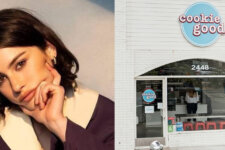 Left panel shows a close-up portrait of a woman resting her chin on her hand, looking thoughtful. Right panel shows the exterior of a Cookie Good bakery with a circular logo—"cookie good"—in a white brick building and a large front window.