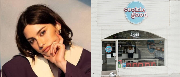 Left panel shows a close-up portrait of a woman resting her chin on her hand, looking thoughtful. Right panel shows the exterior of a Cookie Good bakery with a circular logo—"cookie good"—in a white brick building and a large front window.
