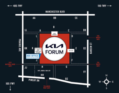 Map showing the Kia Forum venue with surrounding roads, gates, and the main entrance at the top of the red center area.