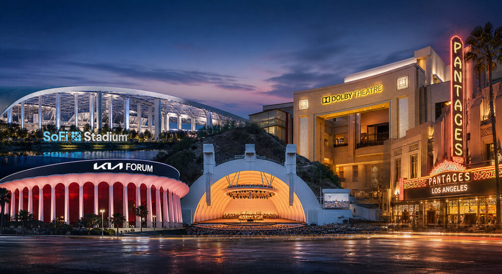 Los Angeles entertainment district at dusk with SoFi Stadium, Kia Forum, Dolby Theatre, and Pantages Theatre signs illuminated.