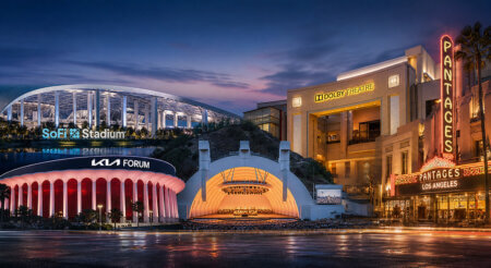 Los Angeles entertainment district at dusk with SoFi Stadium, Kia Forum, Dolby Theatre, and Pantages Theatre signs illuminated.