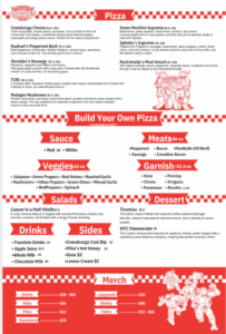 Pizza menu infographic from Turtle's Pizzeria with a Build Your Own Pizza option and sections for Sauce, Veggies, Meats, Garnish, Salads, Desserts, Drinks, Sides, and Merch, featuring a red-and-white checkered design and cartoon turtles on the right.