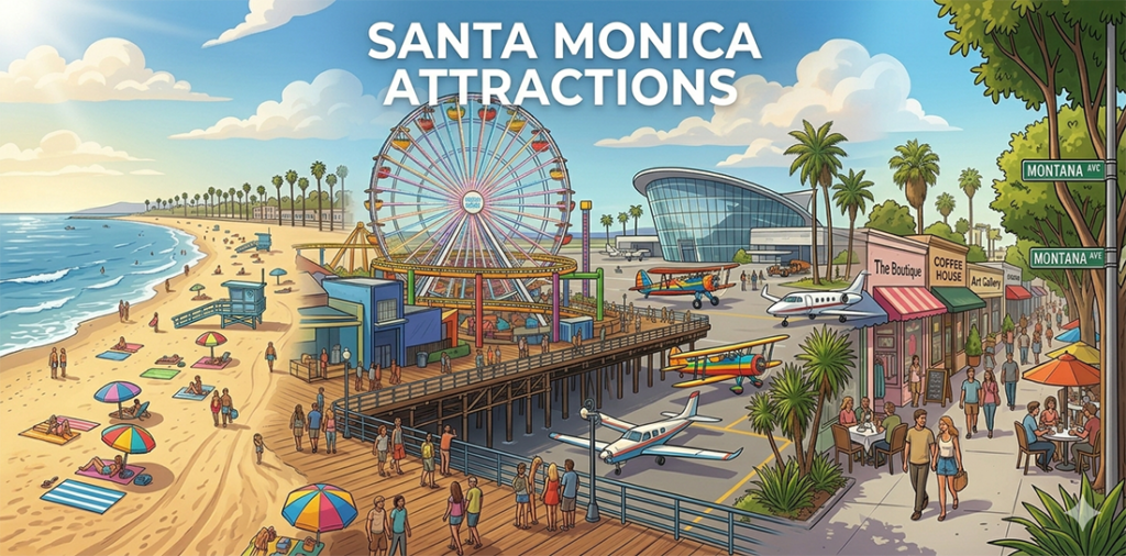 Illustrated Santa Monica beachfront with a ferris wheel, pier, shops, and people enjoying sunny boardwalk scenes.