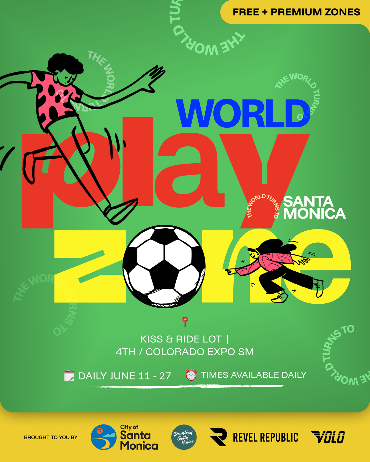 Promotional poster for World Play 2020 in Santa Monica, featuring bold typography, a soccer ball, running figure, and event details (dates, location, sponsors).