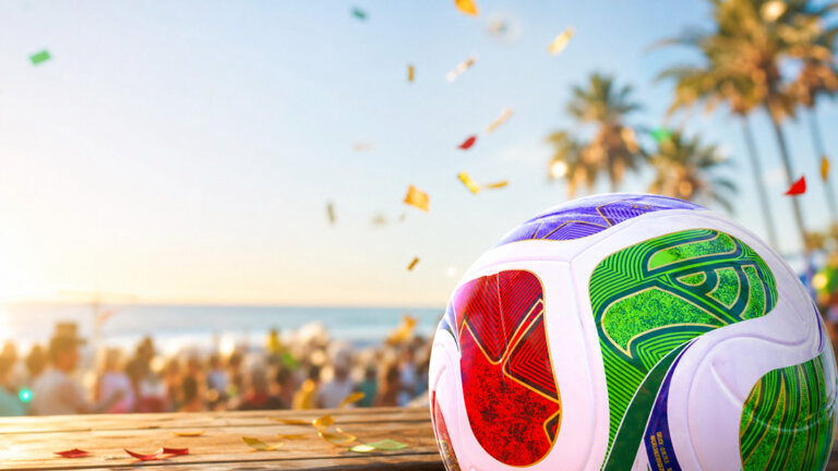 Close-up of a colorful FIFA World Cup soccer ball on a wooden table with a beach party, confetti in the air and palm trees in the background at sunset