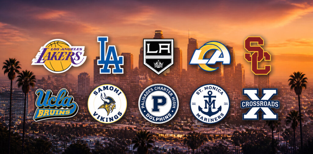 Collage of LA-area sports team logos displayed over a sunset Los Angeles skyline (Lakers, LA, Rams, Dodgers, USC, UCLA Bruins, Vikings, Dolphins, Mariners, Crossroads).