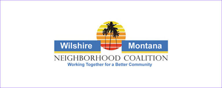Logo for Wilshire Montana Neighborhood Coalition with a sunset and palm trees, and the slogan 'Working Together for a Better Community'.
