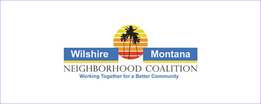 Logo for Wilshire Montana Neighborhood Coalition with a sunset and palm trees, and the slogan 'Working Together for a Better Community'.