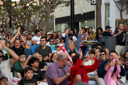 Diverse crowd at an outdoor event, many are cheering with hands raised under string lights and trees. (informative)