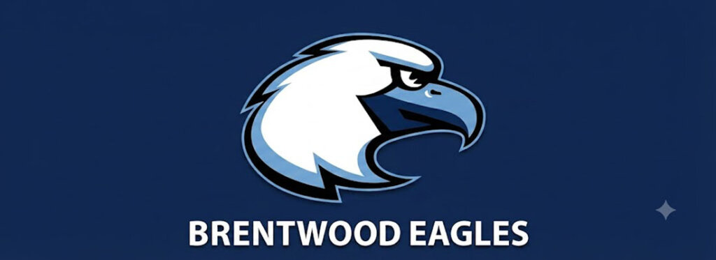 Brentwood Eagles logo: stylized white and blue eagle head with bold 'BRENTWOOD EAGLES' text on a dark blue background.