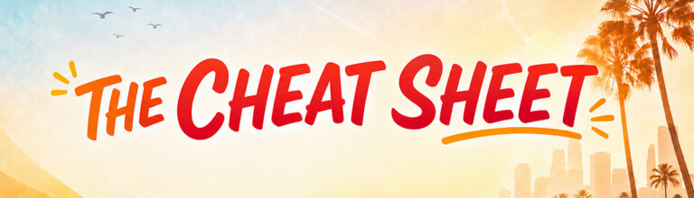 Brand banner reading The Cheat Sheet in bold orange-red letters, with a sunset gradient, palm trees, and a city skyline silhouette.