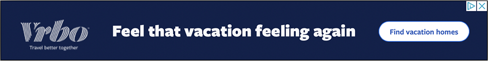 Vrbo ad banner: slogan 'Feel that vacation feeling again' with a white rounded 'Find vacation homes' button on a dark blue background.