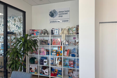 Bright office corner with white cubby shelves full of stuffed animals, books, and toys; a large plant on the left.