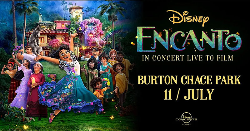 Colorful Encanto poster showing a group of characters dancing on a lush garden setting on the left, with a black gradient right side featuring the title 'Disney Encanto In Concert Live to Film' and 'Burton Chace Park 11 / July' in gold lettering.
