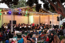 Outdoor concert on a lawn: a full stage with an orchestra performing under colorful lights, audience seated on blankets and chairs near trees by the water.