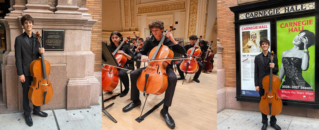Young cellist standing outside Carnegie Hall with his cello next to a stone column and plaque (street scene).