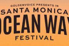 Orange gradient festival banner reading 'GOLDENVOICE PRESENTS IN SANTA MONICA OCEAN WAY FESTIVAL' with large 'OCEAN WAY' text.