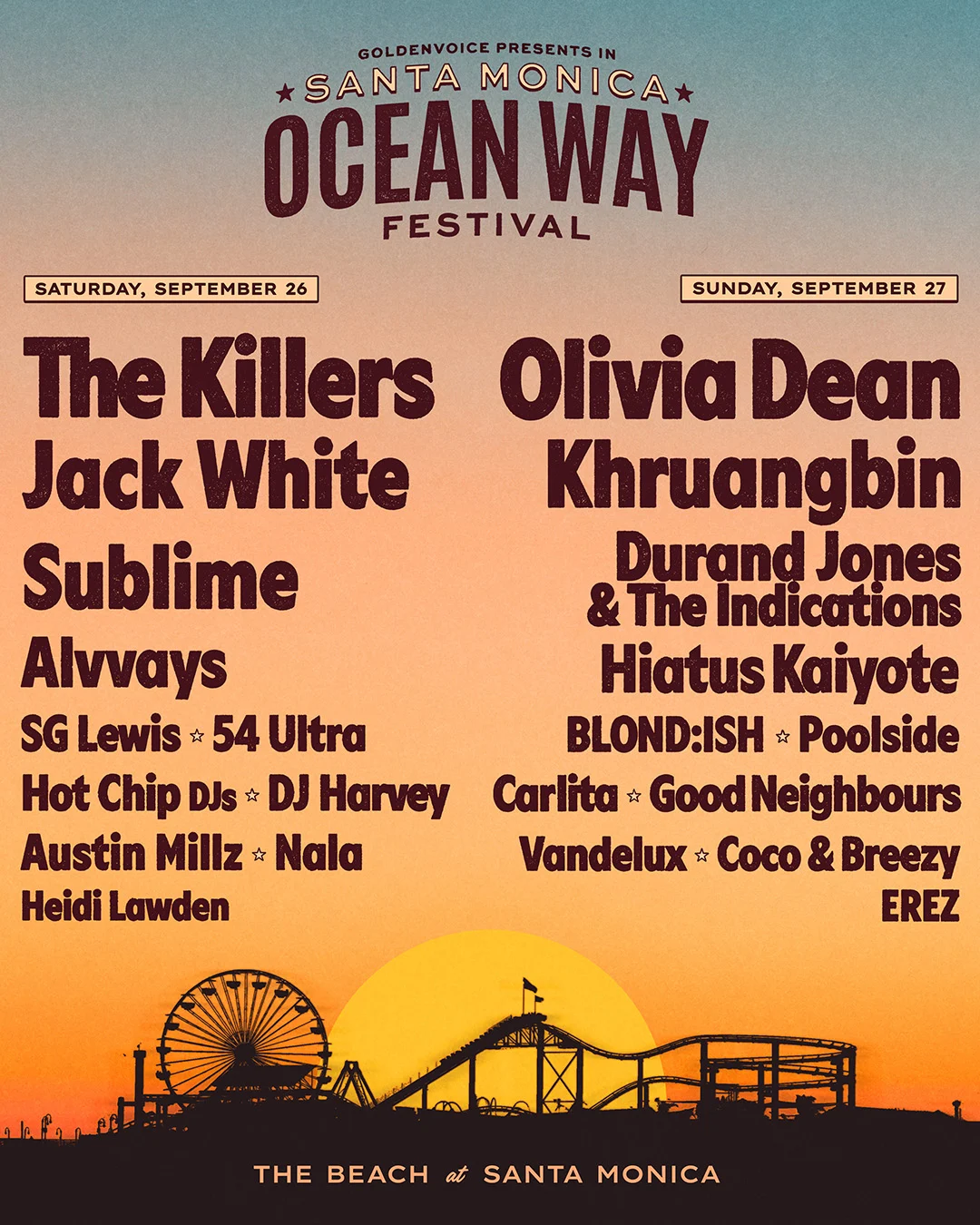 Poster advertising the Santa Monica Ocean Way Festival with a two-day lineup and a sunset pier silhouette at the bottom, suggesting a beach concert vibe.