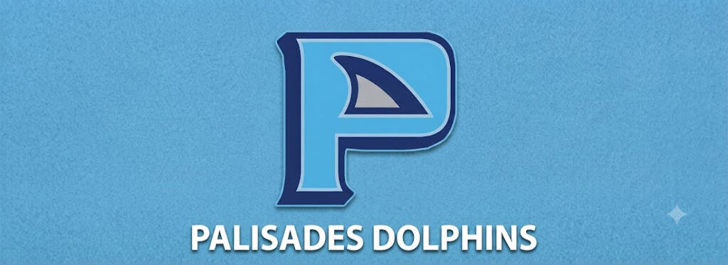 Palisades Dolphins logo: blue stylized 'P' with a dolphin silhouette and the white team name on a blue background.