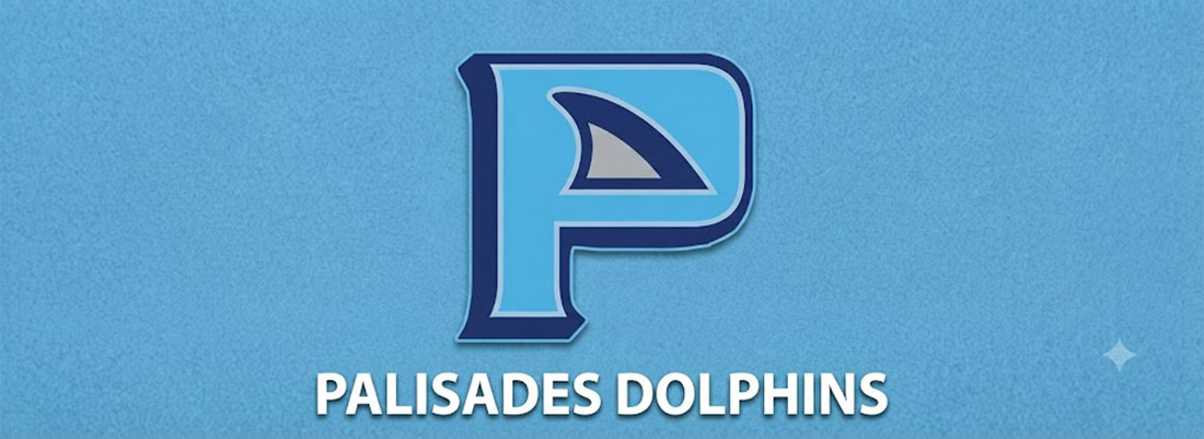 Palisades Dolphins logo: blue stylized 'P' with a dolphin silhouette and the white team name on a blue background.