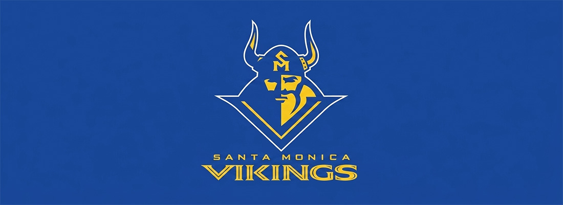 Santa Monica Vikings logo: blue and gold Viking head with crest and the team name beneath on a blue background