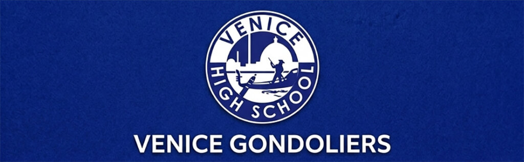 Venice High School logo on blue background with a circular emblem and gondola scene, plus the text 'Venice High School' around the circle and 'Venice Gondoliers' below.
