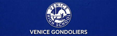 Venice High School logo on blue background with a circular emblem and gondola scene, plus the text 'Venice High School' around the circle and 'Venice Gondoliers' below.