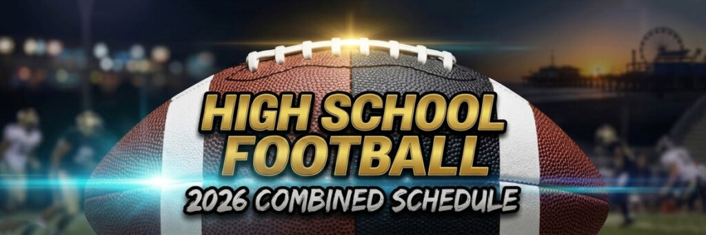 Close-up of a football with bold gold text reading 'High School Football' and '2026 Combined Schedule' over a stadium backdrop, suggesting a season banner.