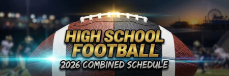 Close-up of a football with bold gold text reading 'High School Football' and '2026 Combined Schedule' over a stadium backdrop, suggesting a season banner.