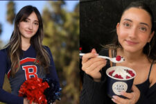 Split image: left a smiling cheerleader in a navy uniform with red/blue pom-poms outdoors; right a woman holding a cup of frozen yogurt topped with raspberries.