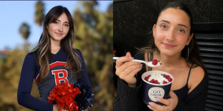 Split image: left a smiling cheerleader in a navy uniform with red/blue pom-poms outdoors; right a woman holding a cup of frozen yogurt topped with raspberries.