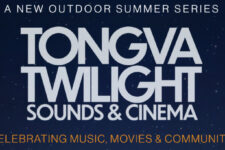 Outdoor summer banner announcing Tongva Twilight Sounds & Cinema with a starry night background and the tagline 'Celebrating music, movies & community'