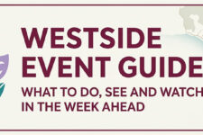Westside Event Guide banner with the subtitle 'What to do, see and watch in the week ahead' and decorative icons (music note, film strip, theater mask, palm tree, sun, surfboard) beside a coastal map.