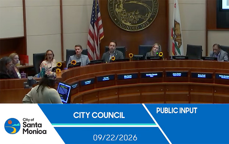 City Council chamber with council members behind a curved dais, flags, and a Santa Monica seal; banner reads City Council Public Input, 09/22/2026.