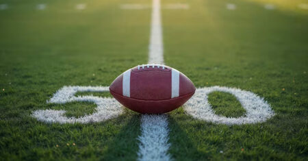 American football resting on the 50-yard line of a sunlit grass field
