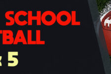 Banner announcing 'High School Football Week 5' with bold red text on dark background and a football on the right.